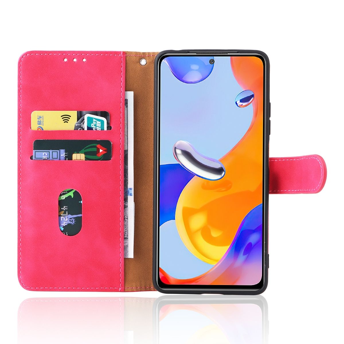 Offene pinkfarbene Handyhülle mit Telefon und Karten. Kreditkartenfächer sichtbar. Aktiver Bildschirm.