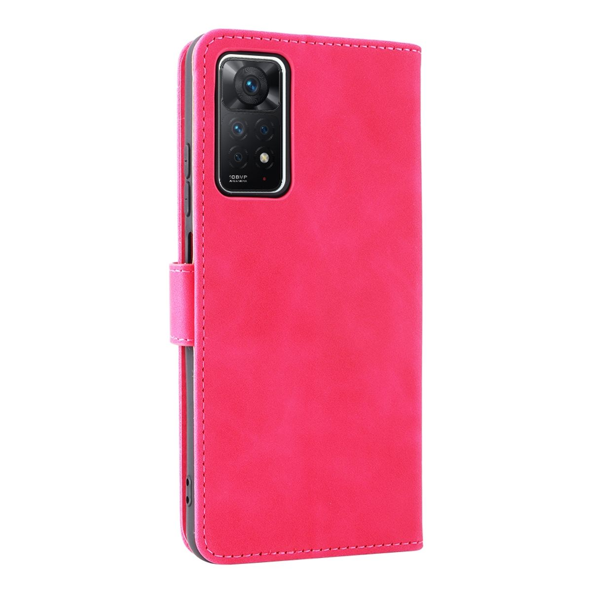 Rosa Handyhülle mit Telefon, mit sichtbarer Kamera. Weißer Hintergrund.