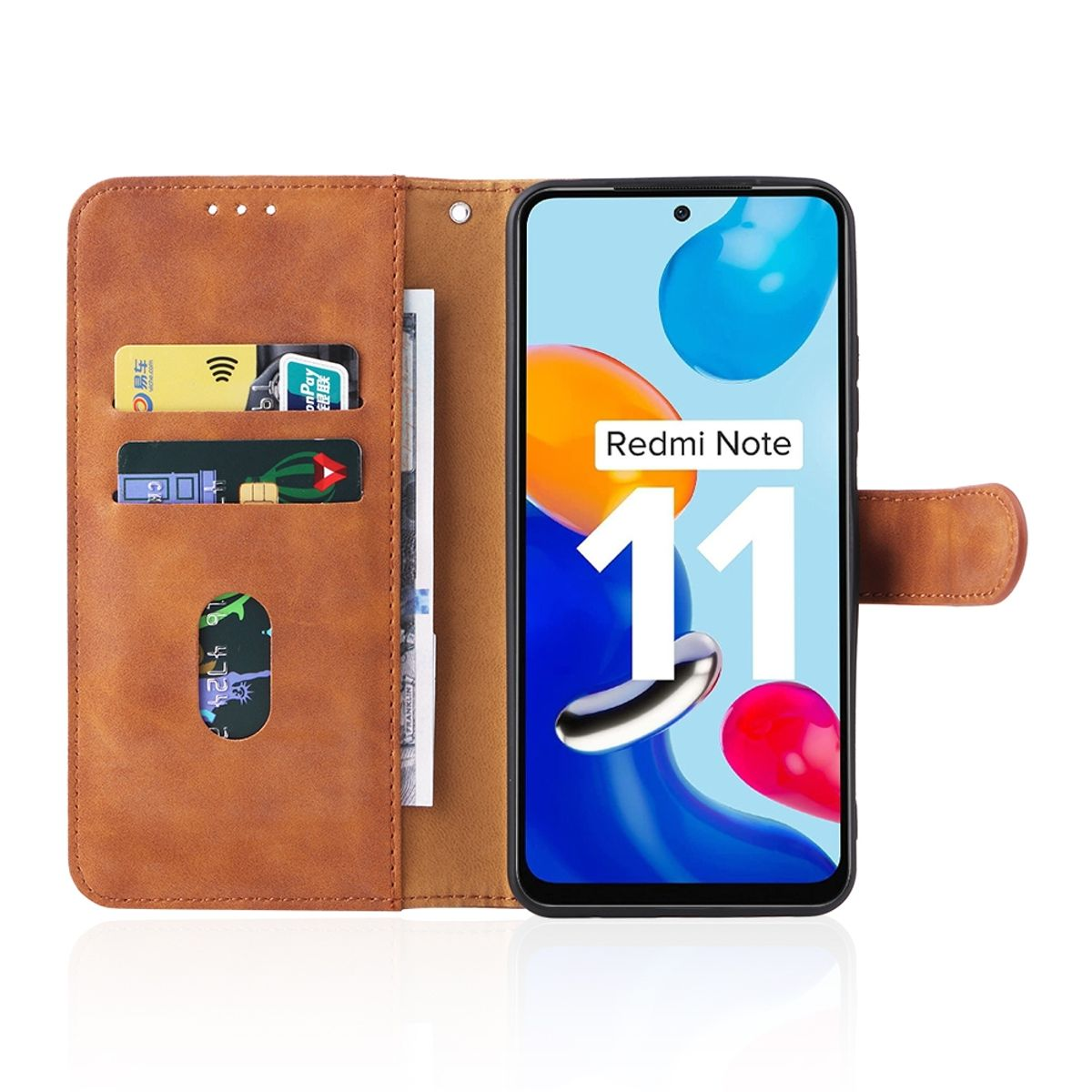 Braune Handyhülle offen mit Redmi Note 11 auf dem Bildschirm. Karten sichtbar.