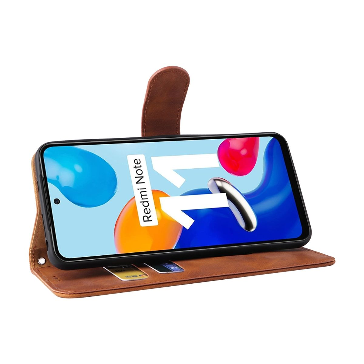 Braune Leder-Handyhülle, Telefon zeigt Redmi Note 11, mit blauem, orangefarbenem und rotem Hintergrund.