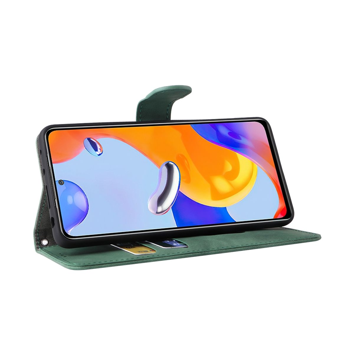 Grüne Handyhülle in Standposition. Das Telefon zeigt einen farbenfrohen, abstrakten Hintergrund.
