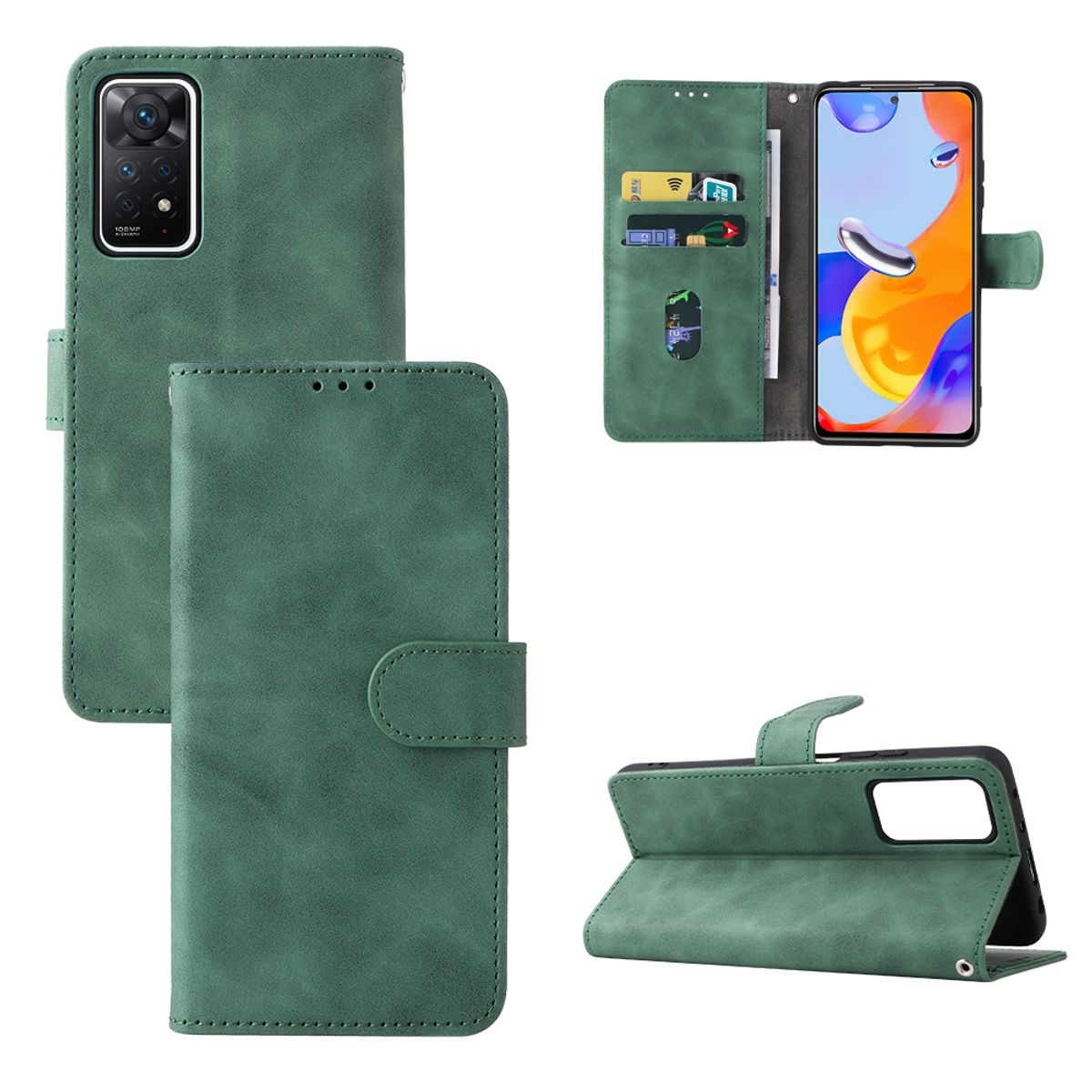 Grüne Handyhülle im Brieftaschenstil. Mit Kartenfächern, Telefonhalter und Ständerfunktion.