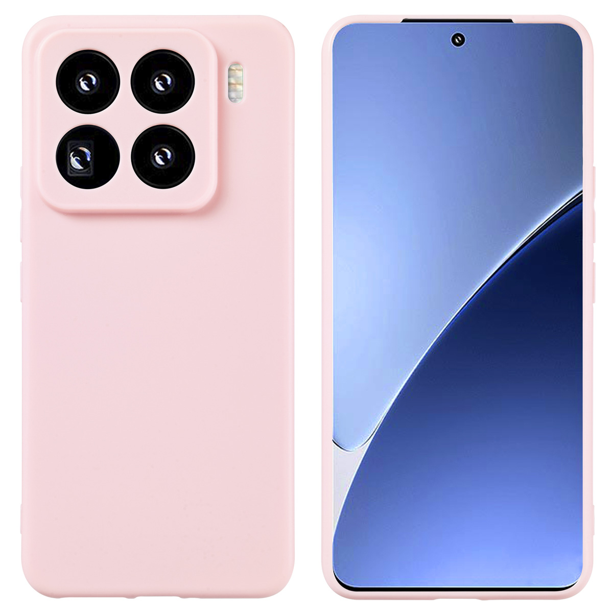 Un telefono rosa, con quattro fotocamere sul retro e uno schermo sul davanti.