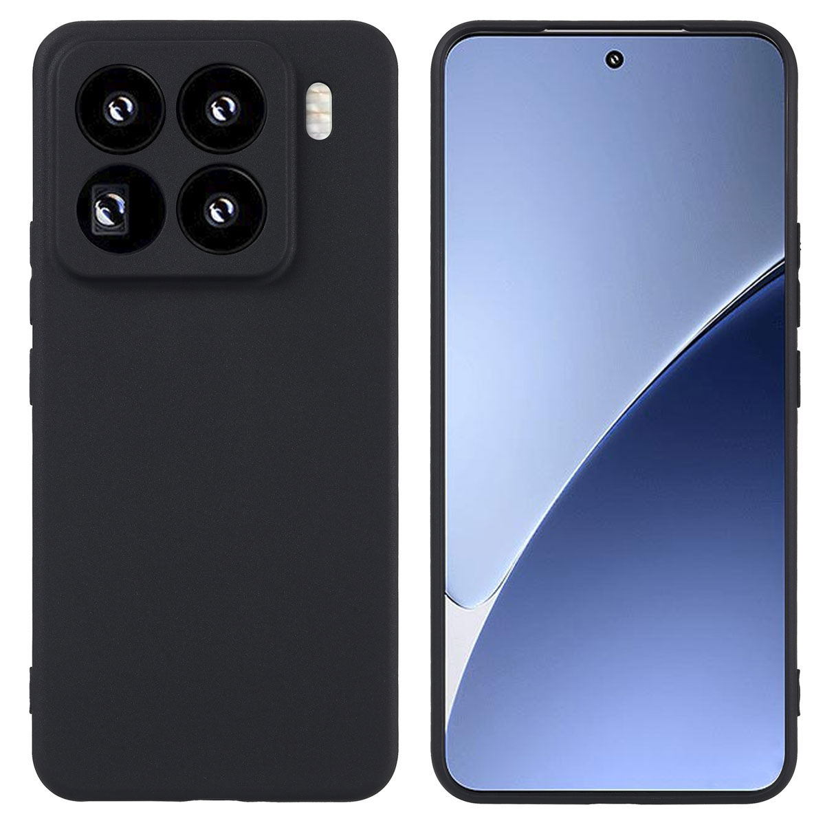 Telefono nero in due parti. Il telefono a sinistra ha quattro fotocamere. L'altro è uno schermo del telefono.