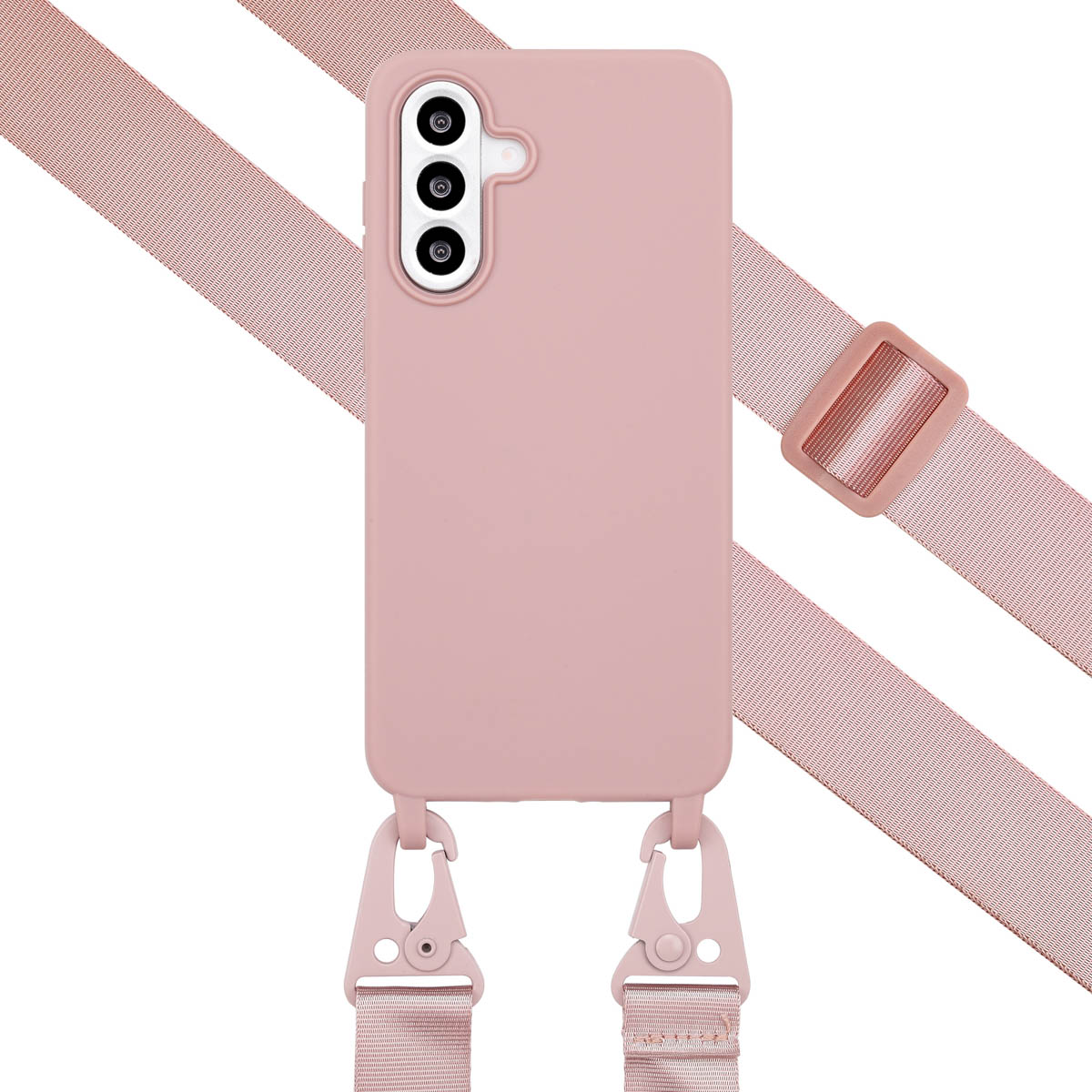 Une coque de téléphone rose avec une sangle, sur fond blanc.