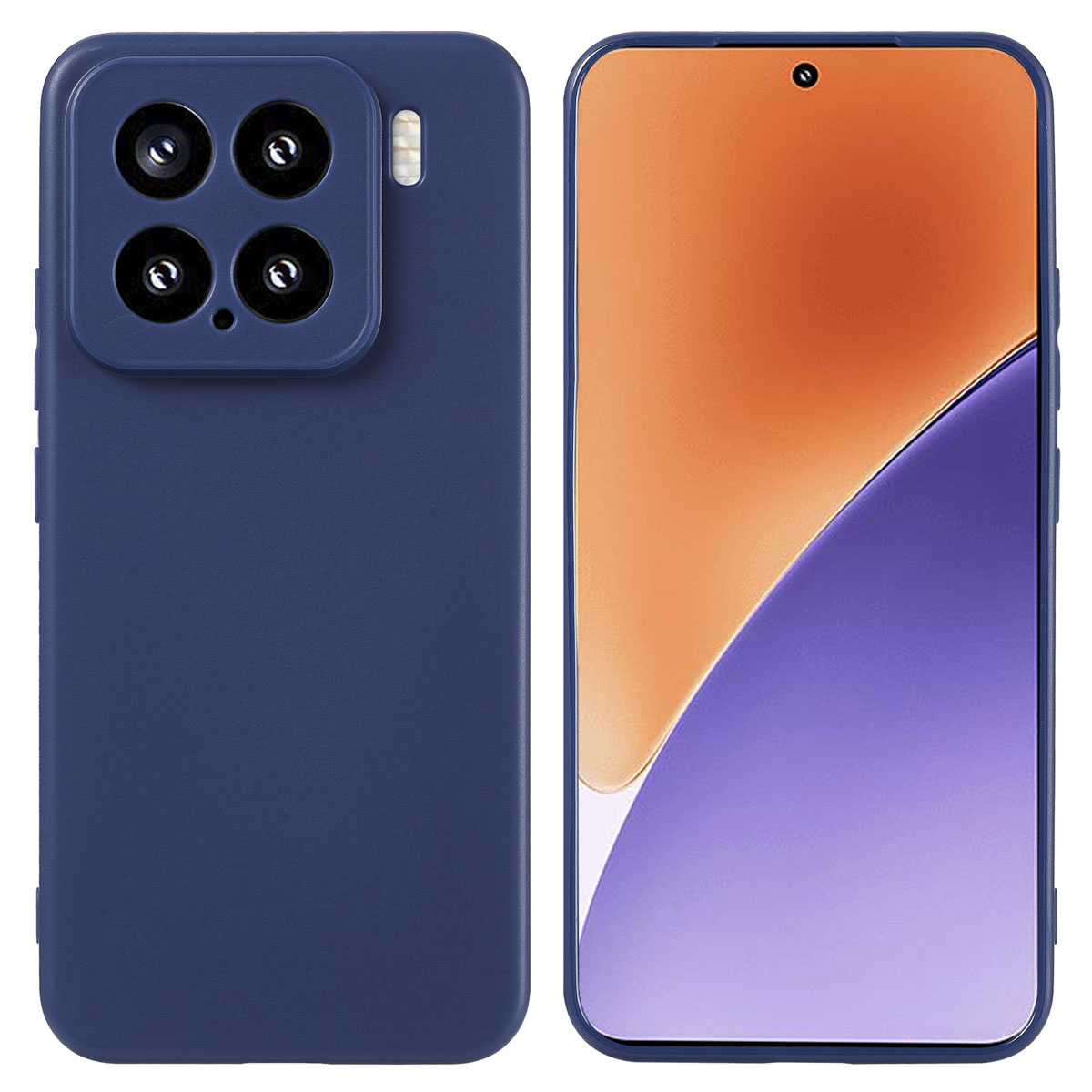 Twee kanten van een blauwe telefoon. Achterkant met camera's, flits. Voorkant oranje en paars.