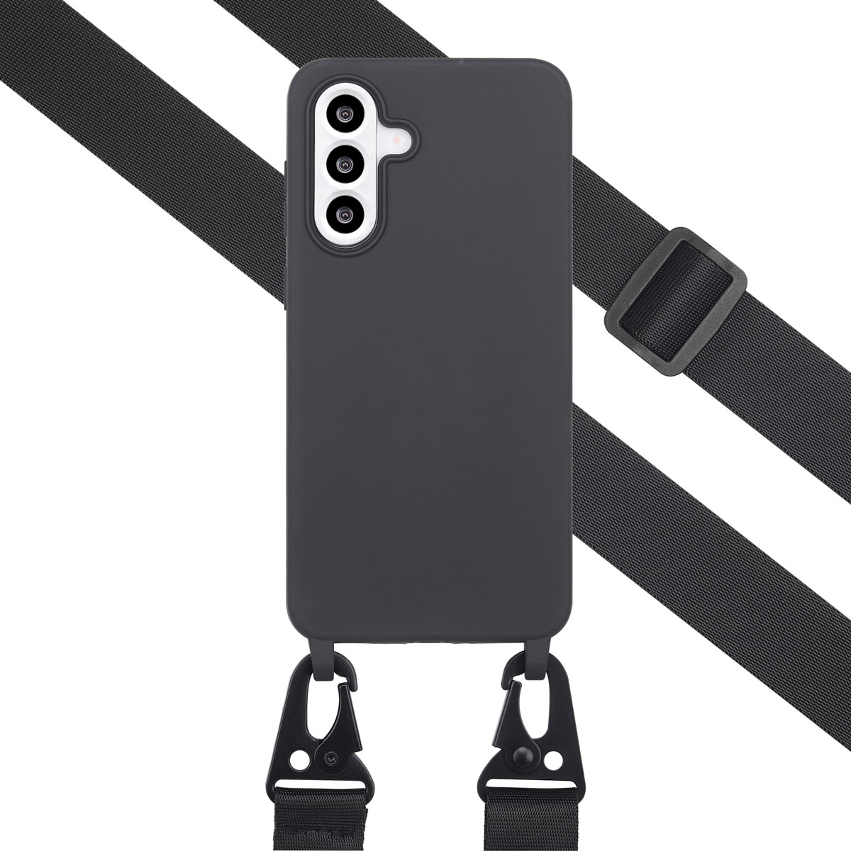 Zwarte telefoonhoes met een bevestigde riem. De hoes heeft een camera-uitstulping.