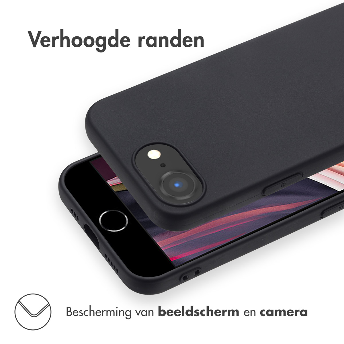 Schwarze Handyhülle, das Telefon ist darin. Die Hülle hat erhöhte Kanten für Bildschirm- und Kameraschutz.