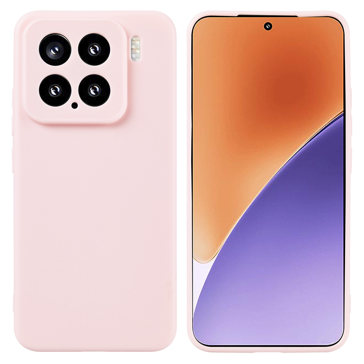 Roze telefoonhoesje dat de achterkant met camera's en het scherm toont.