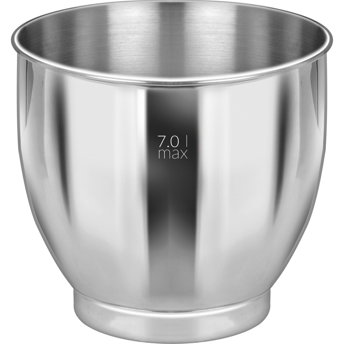 Miska do mieszania ze stali nierdzewnej. Ma zakrzywiony kształt z nadrukiem 7,0L max.