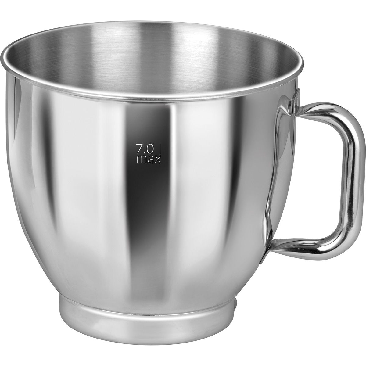 Miska do mieszania ze stali nierdzewnej z uchwytem. Miska ma maksymalną pojemność 7,0 l.