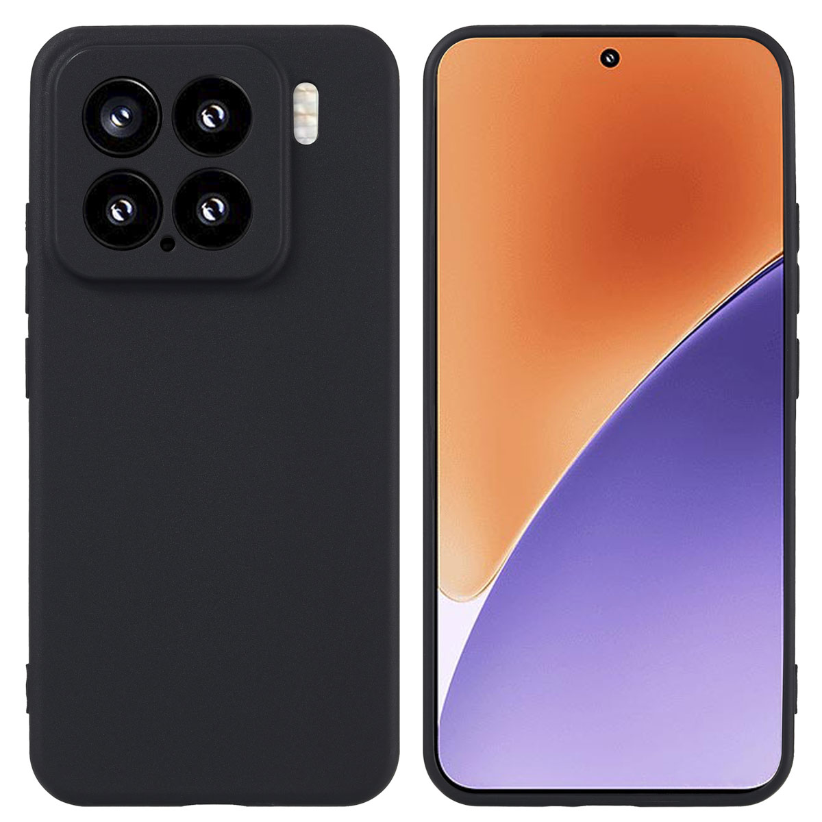 Twee telefoons, één zwart met camerabobbels, de andere met een oranje scherm.