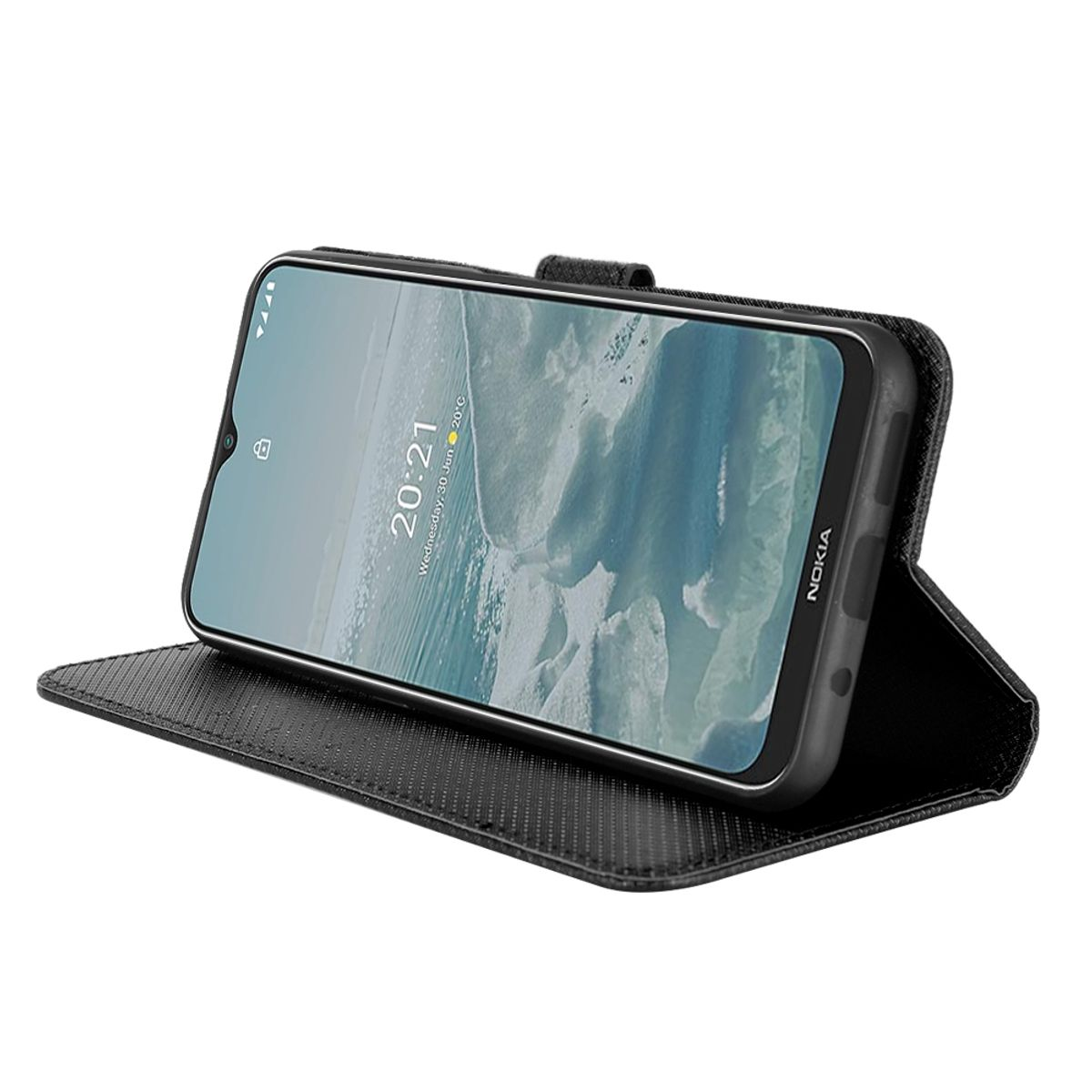 Schwarze Handyhülle mit Telefon. Das Telefon zeigt Zeit und Datum. Es ist offen.