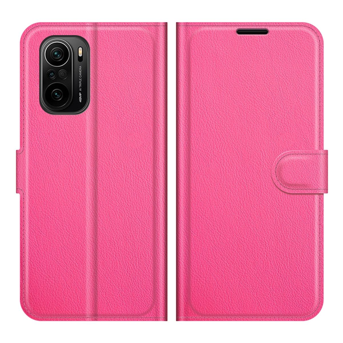 Rosa Handyhülle, geöffnet. Telefonkamera oben links.