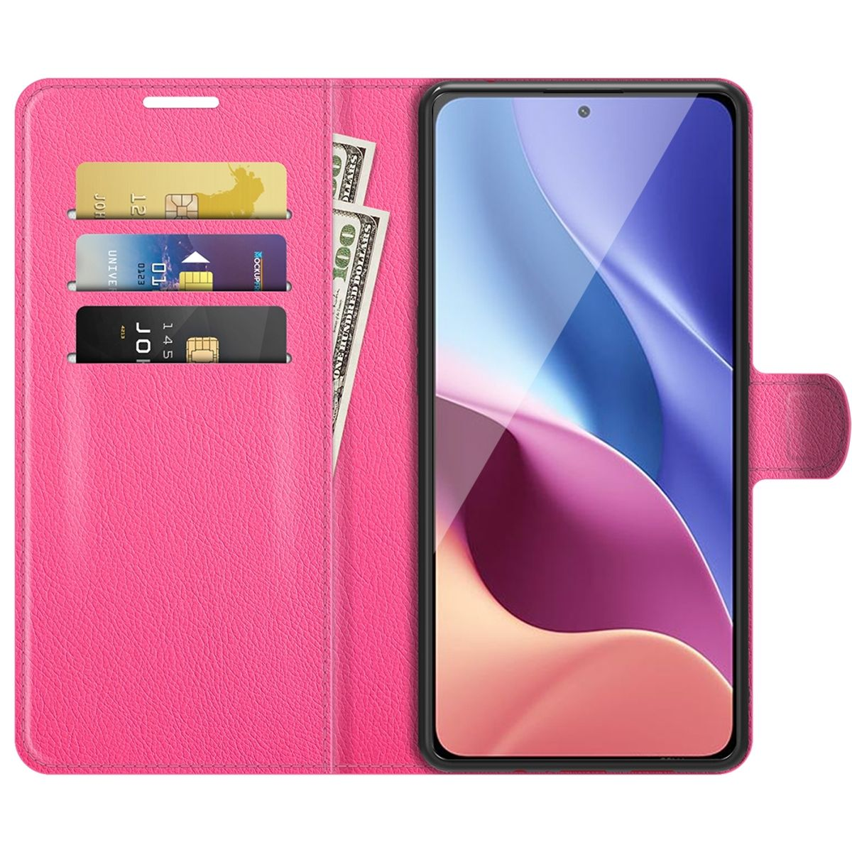 Offene rosa Handyhülle, Telefon, Kartenfächer mit Karten und Bargeld.