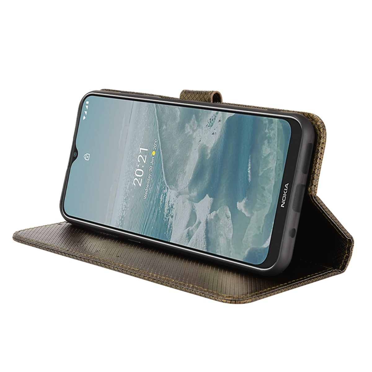 Handyhülle mit Nokia-Handy, mit der auf dem Bildschirm angezeigten Zeit. Braune, strukturierte Hülle.