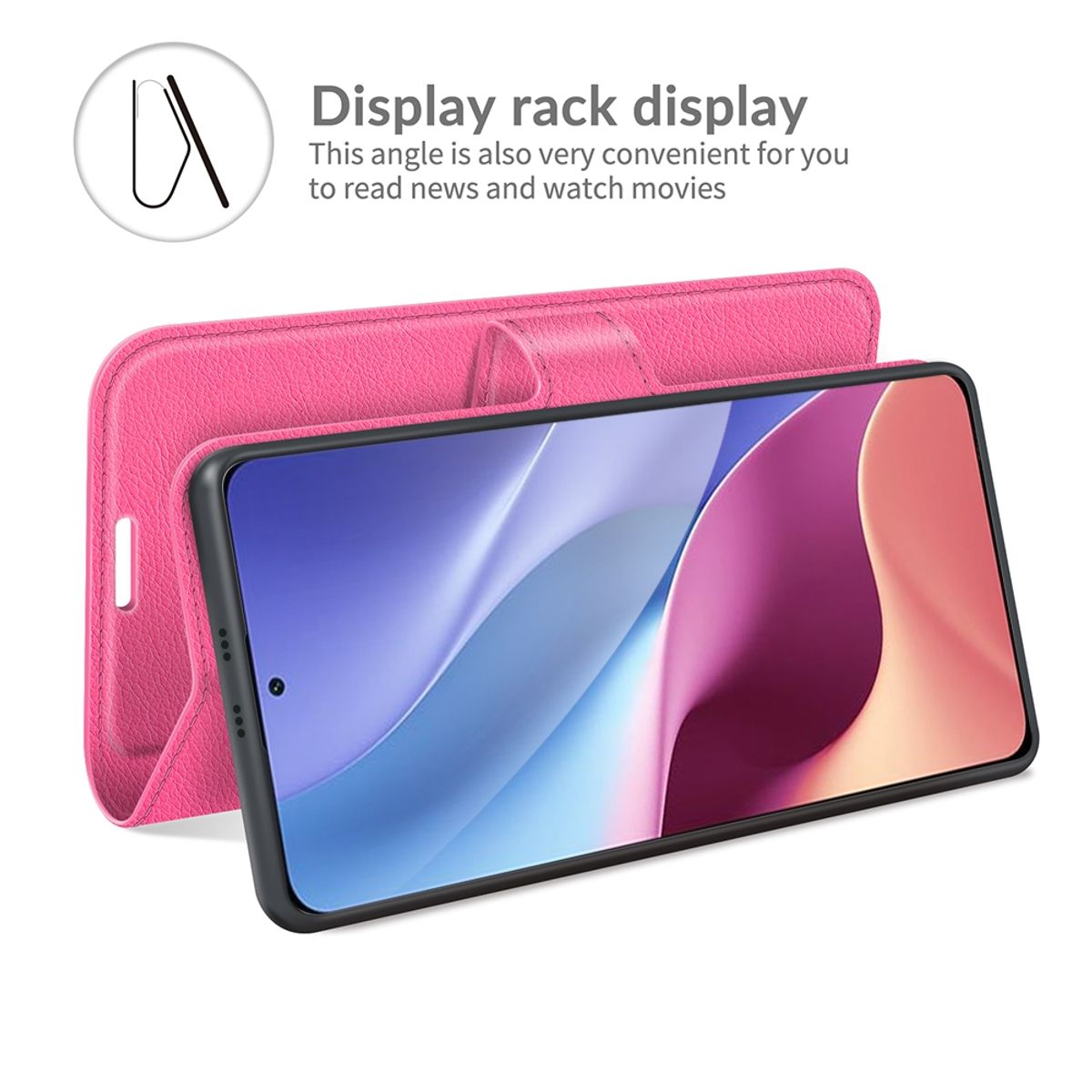 Rosa Handyhülle, offen, Telefon darin. Das Telefon ist auf weißem Hintergrund und wird angezeigt.