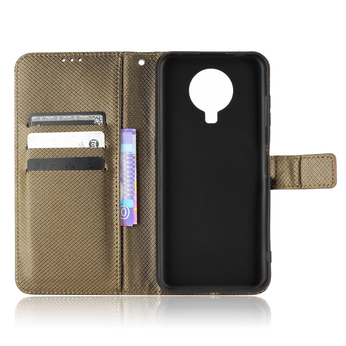 Geöffnete Handyhülle mit Karten und Bargeld. Das Telefon zeigt schwarzen Bildschirm. Hülle beige.