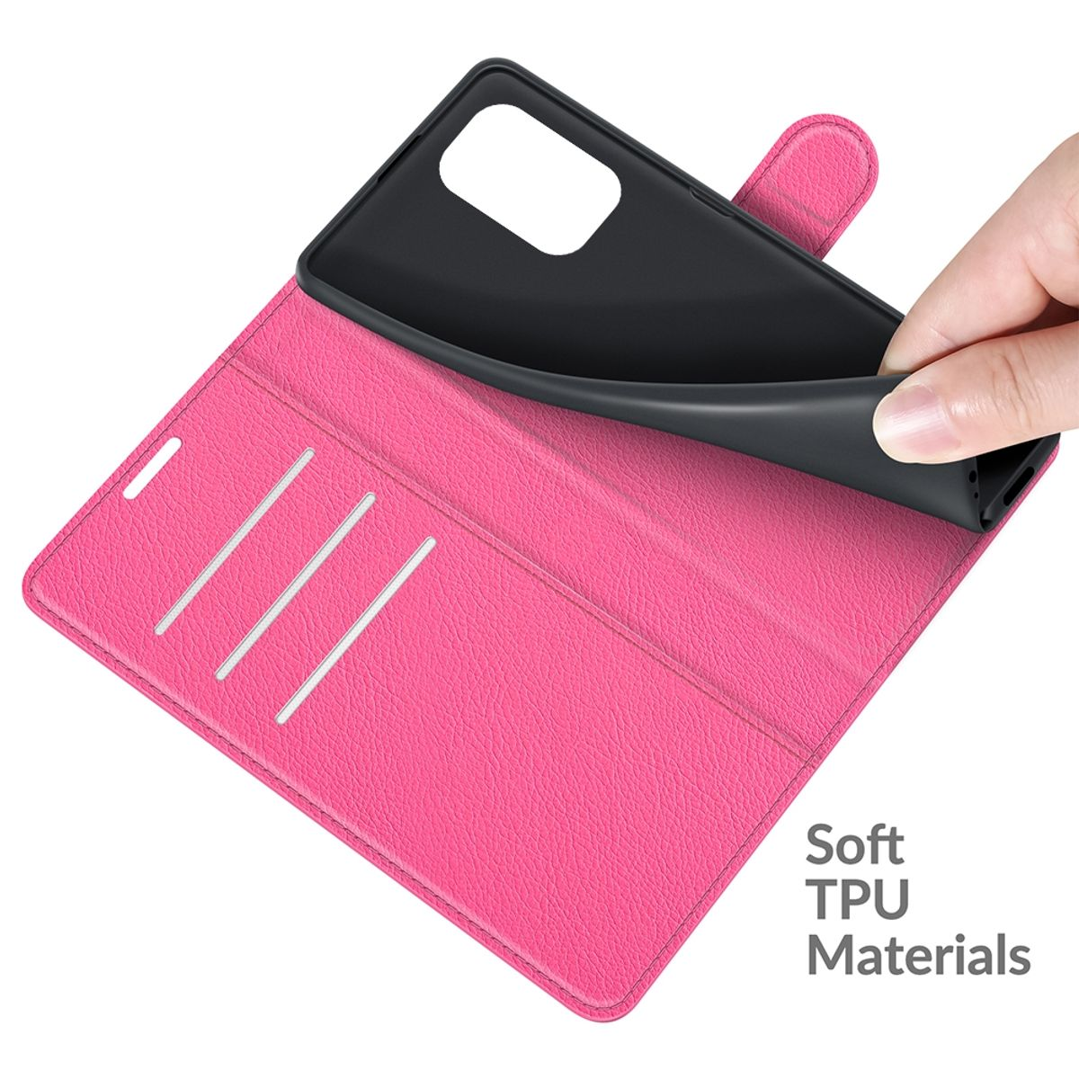 Rosa Handyhülle mit schwarzem Telefon. Hand hält das Telefon. Hülle geöffnet. Soft-TPU-Materialien.