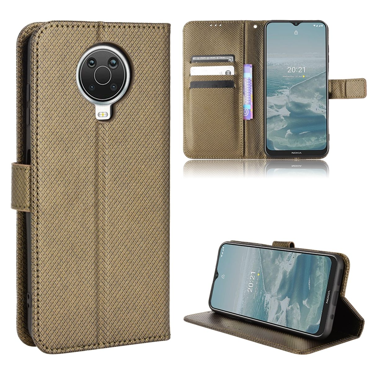 Eine geöffnete Handyhülle, die ein Handy mit Bildschirm, eine Brieftasche und Kartenfächer zeigt.