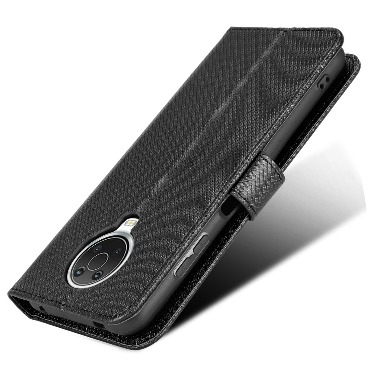 Schwarze Handyhülle mit Telefon darin. Der Koffer ist geschlossen. Weißer Hintergrund.