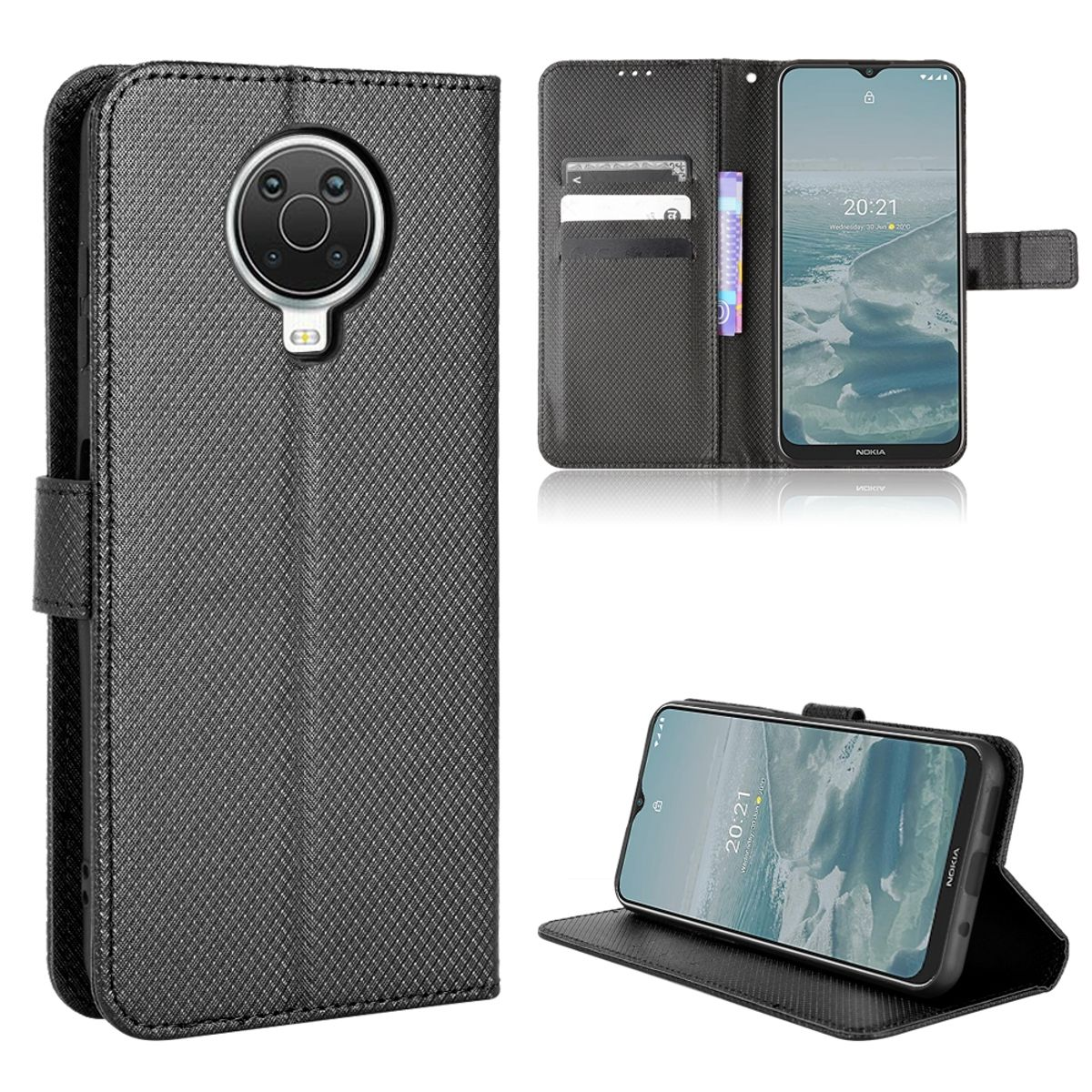 Schwarze Handyhülle im Portemonnaie-Design mit einem Handy. Zeigt den Bildschirm und Kartenfächer.