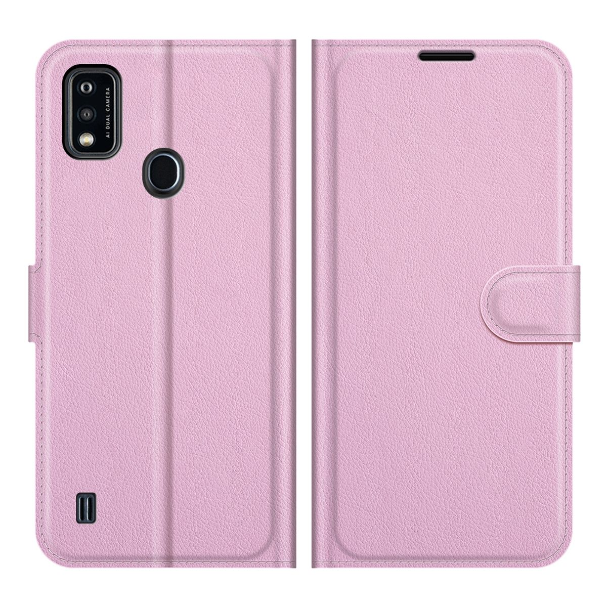 Rosa Handyhülle, offen, zeigt Telefon und Knopf.