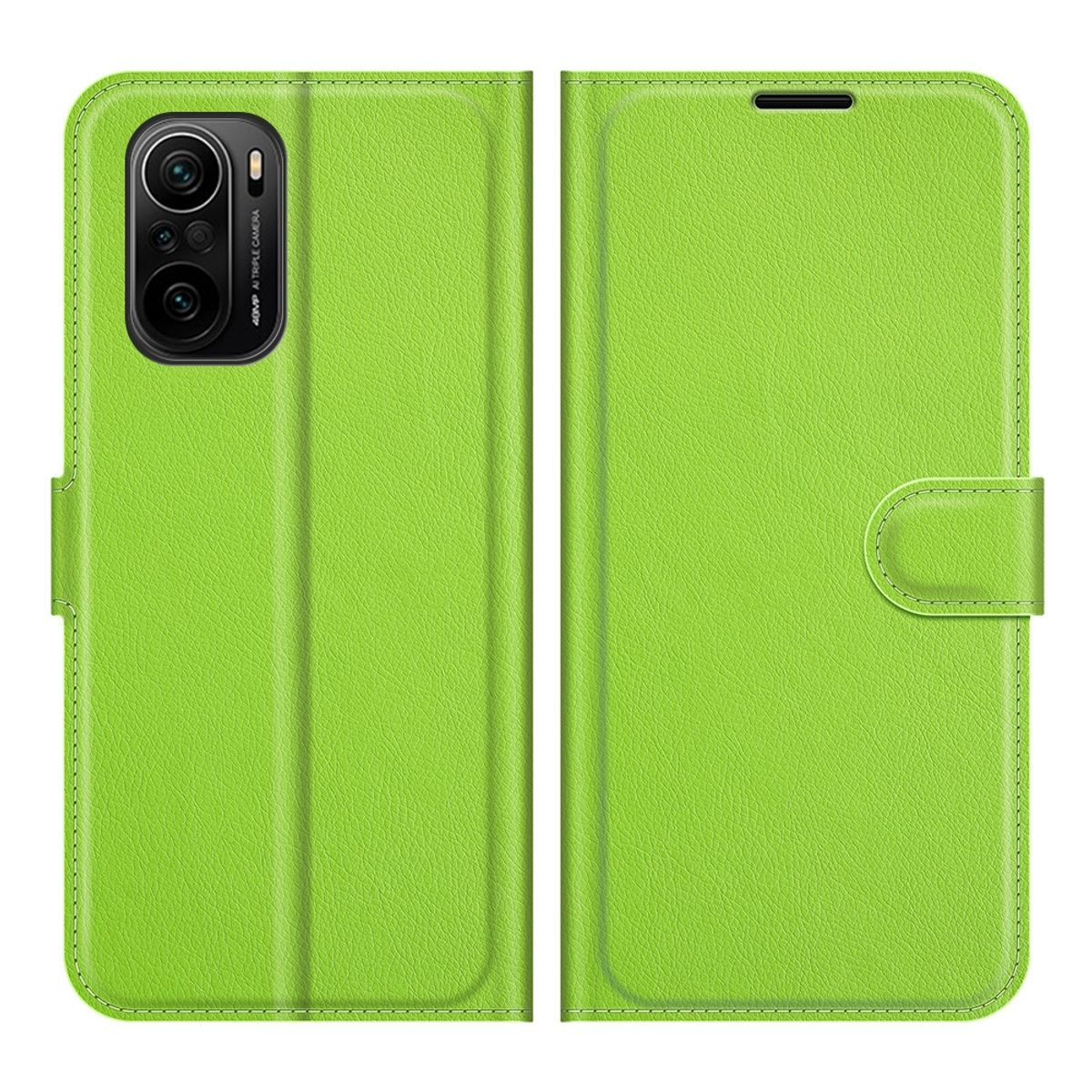 Grüne Handyhülle, geschlossen und geöffnet, um das Telefon zu zeigen.
