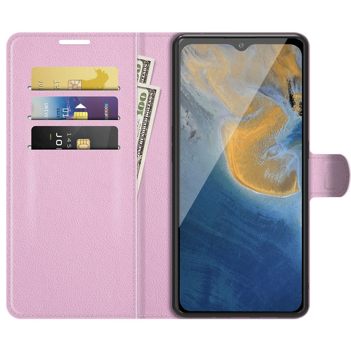 Offene rosa Handyhülle mit Karten und Bargeld. Telefon rechts.