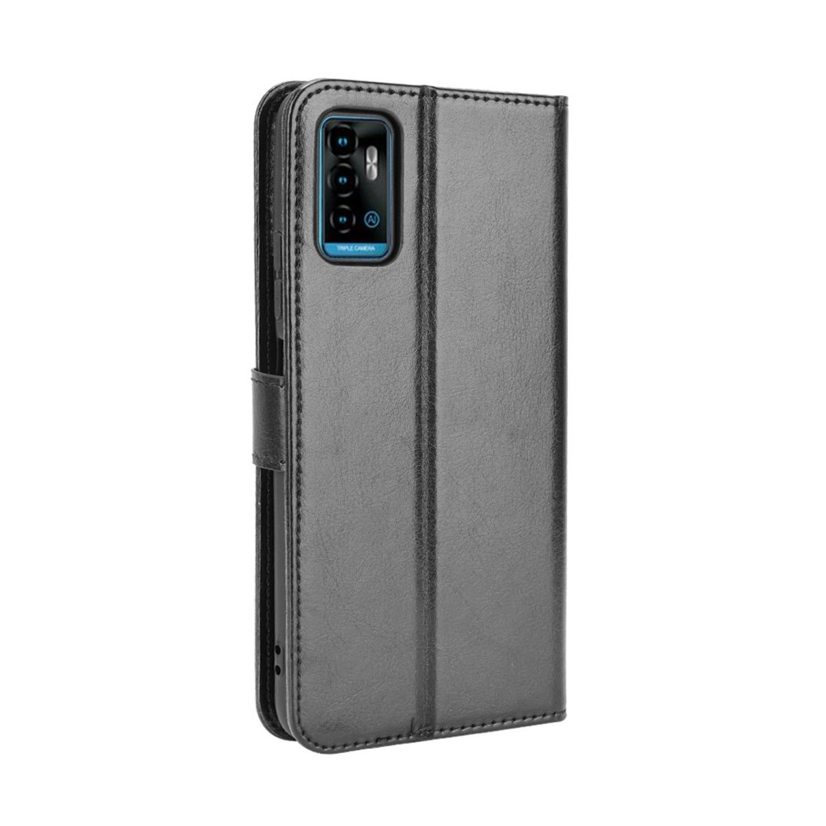 Eine graue Handyhülle mit einem Telefon im Inneren. Das Telefon hat drei Kameras. Weißer Hintergrund.