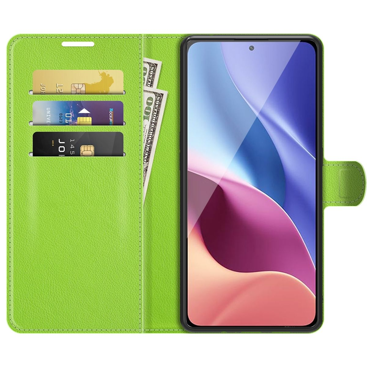 Grüne Handyhülle geöffnet, zeigt ein Telefon mit buntem Bild. Drei Karten und etwas Geld sind innen sichtbar.