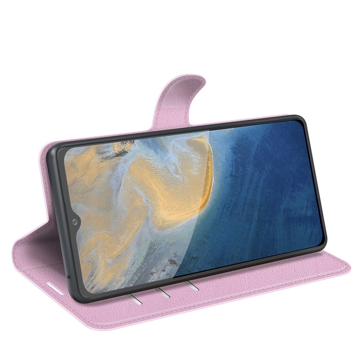Eine rosa Handyhülle mit einem Telefon im Inneren. Das Telefon ist abgewinkelt, um den Bildschirm zu zeigen.
