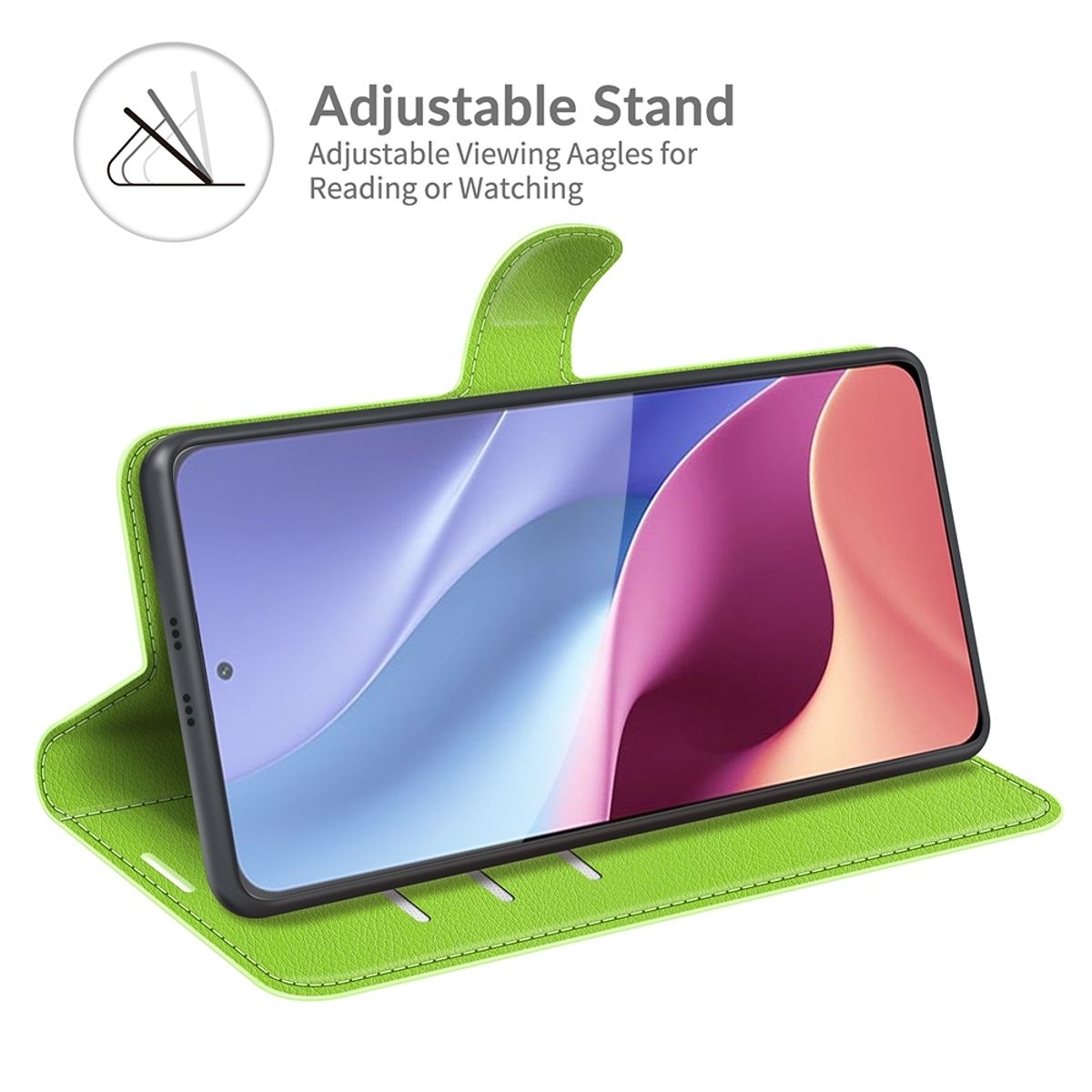 Grüne Handyhülle, offen, Telefon darin. Einstellbare Standfunktion. Text oben links.