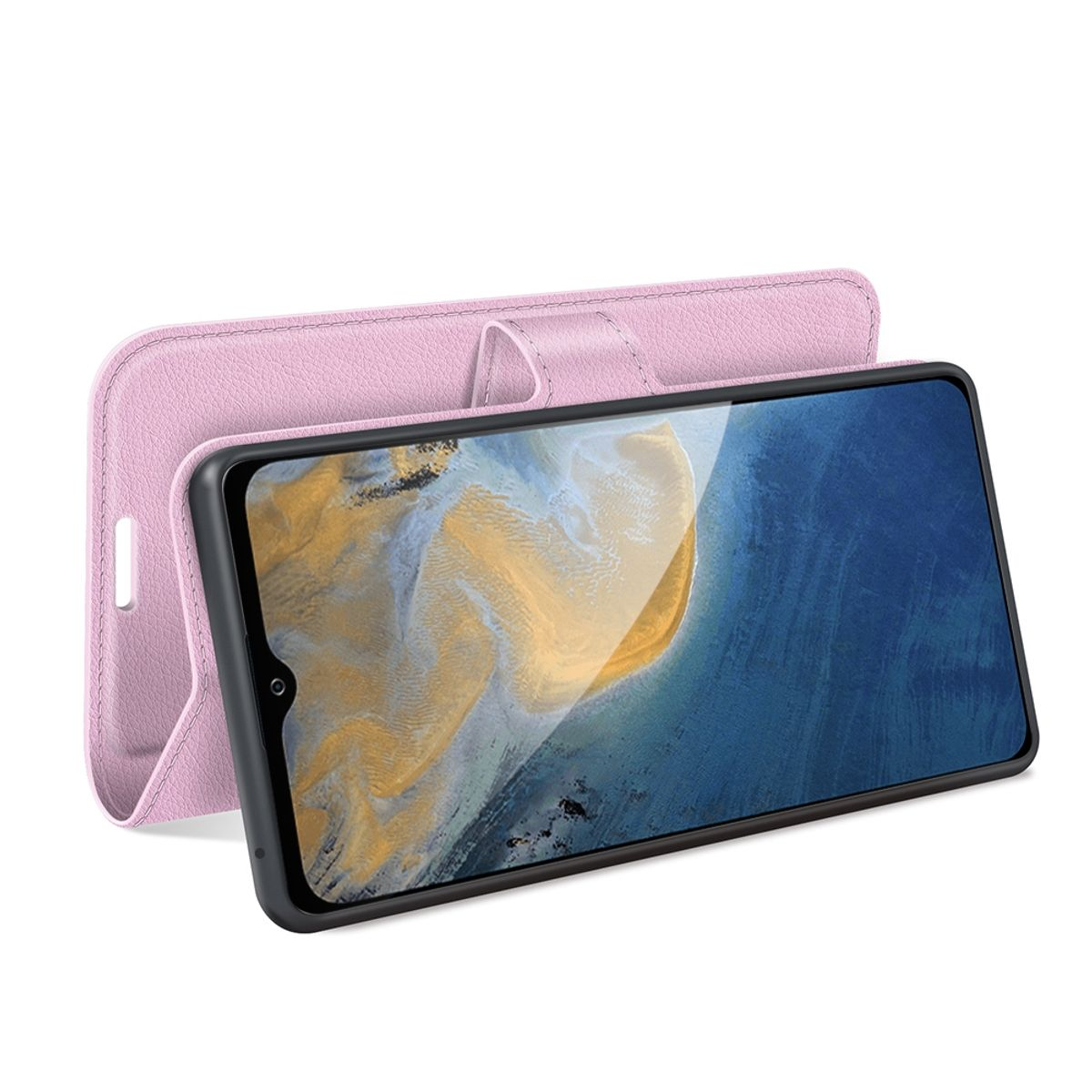 Rosa Handyhülle offen mit einem Telefon darin. Das Telefon hat einen schwarzen Rand, helle und dunkle Farben.