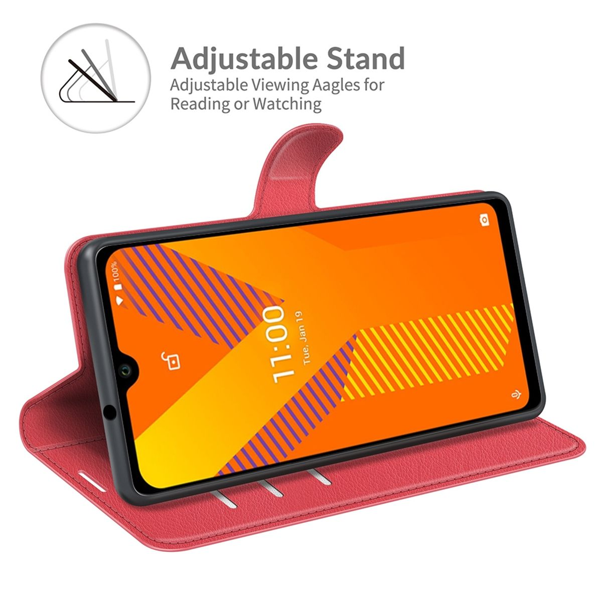 Rote Handyhülle mit einem Telefon, das eine farbenfrohe Oberfläche anzeigt, mit verstellbarem Ständer.