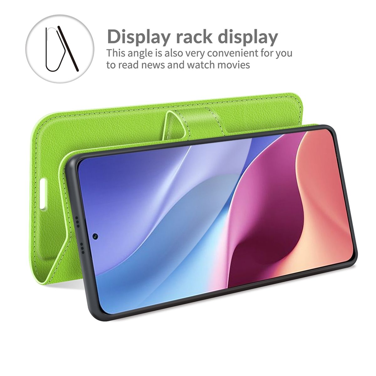Grüne Handyhülle, offen, zeigt ein Telefon auf einem Tisch.