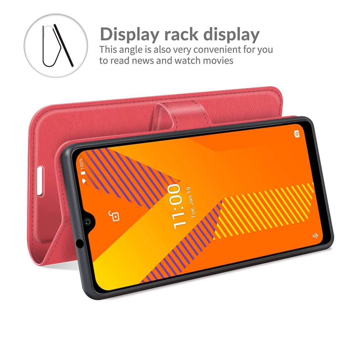 Geöffnete rote Handyhülle mit Telefon, zeigt einen orangefarbenen Bildschirm mit Text.