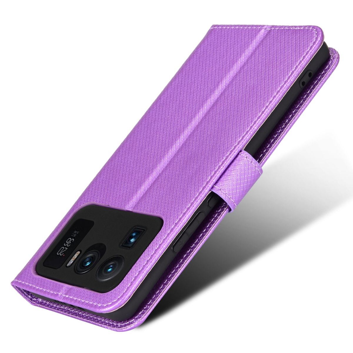 Lila Handyhülle mit Telefon darin. Hülle hat einen Magnetverschluss.