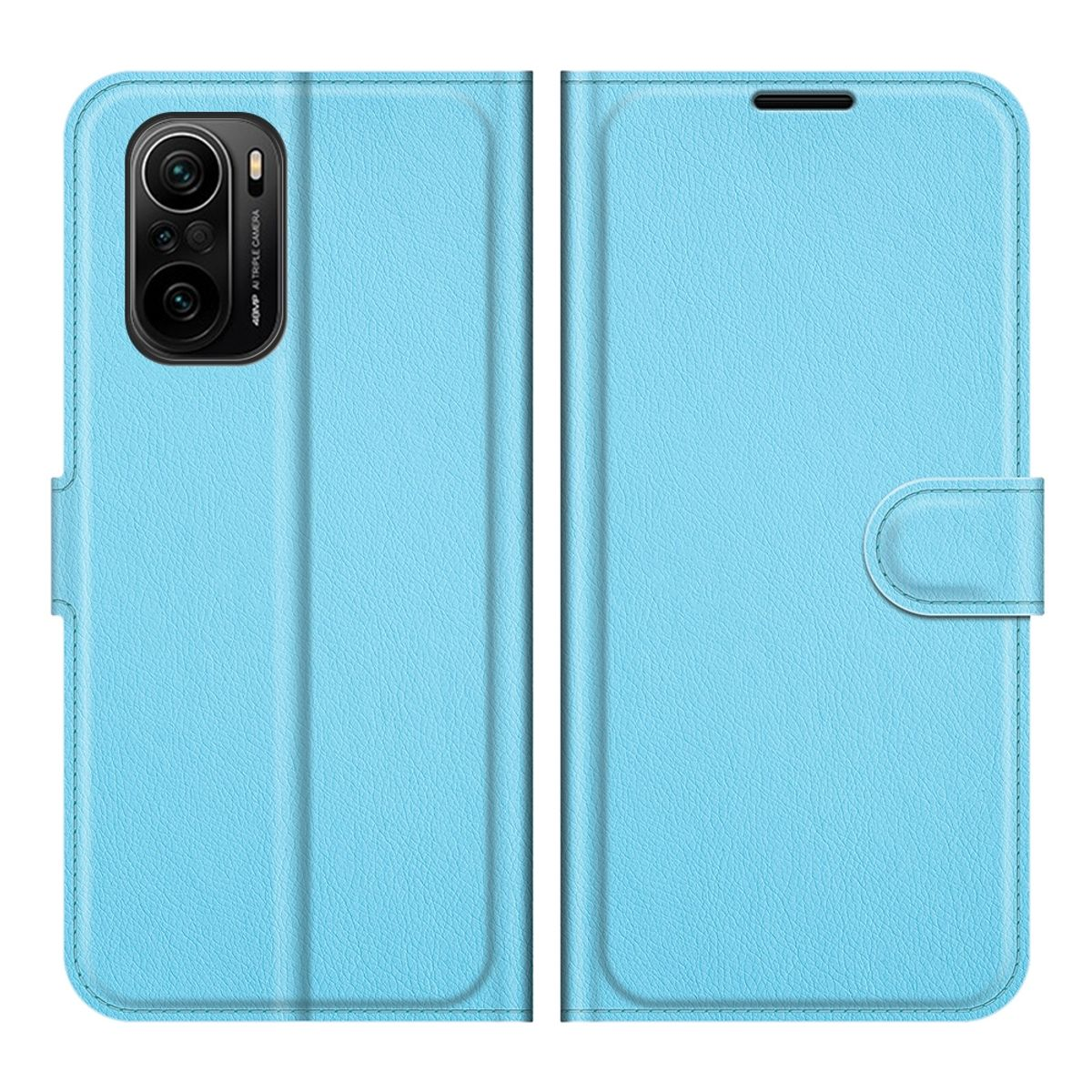 Hellblaue Handyhülle im Portemonnaie-Design, geschlossen. Mit Knopfverschluss und Nahtdetails.