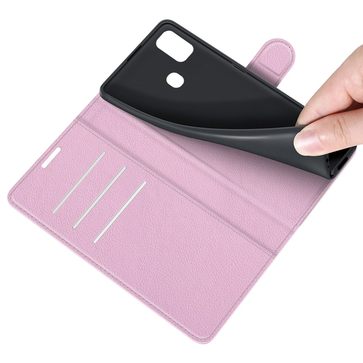 Rosa Handyhülle geöffnet mit einem schwarzen Telefon. Eine Hand hält und berührt das Telefon.