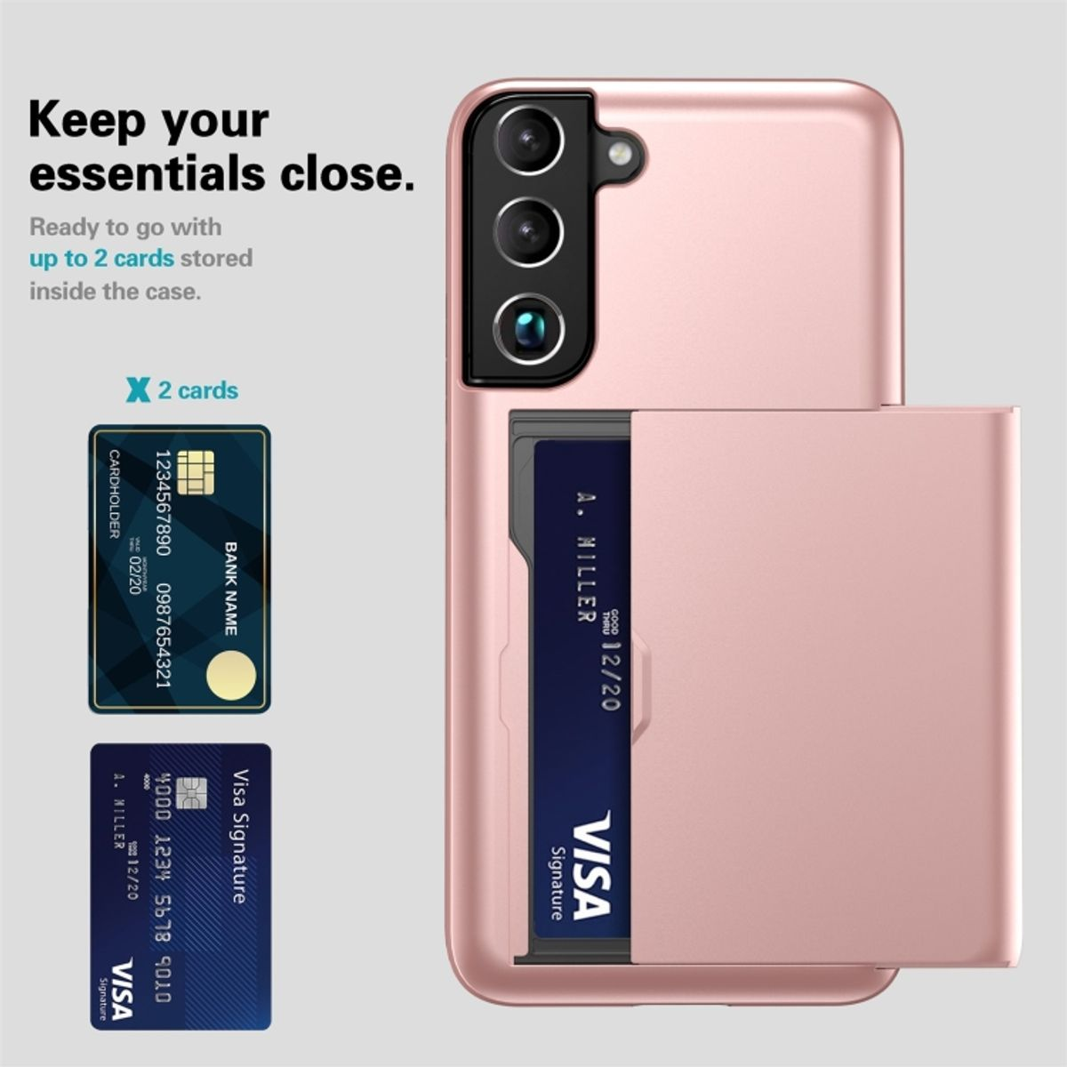 Rosa Handyhülle mit Kartenfächern, Karten und Telefon. Text: Behalten Sie Ihre Essentials nah.