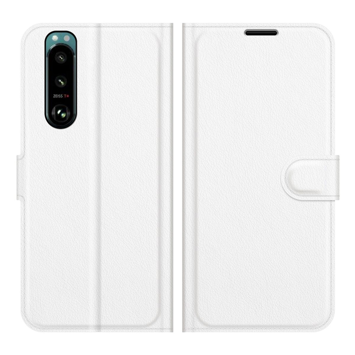 Weiße Handyhülle, offen. Die Hülle hat eine weiße Lederstruktur und ein Telefon mit Kamera.