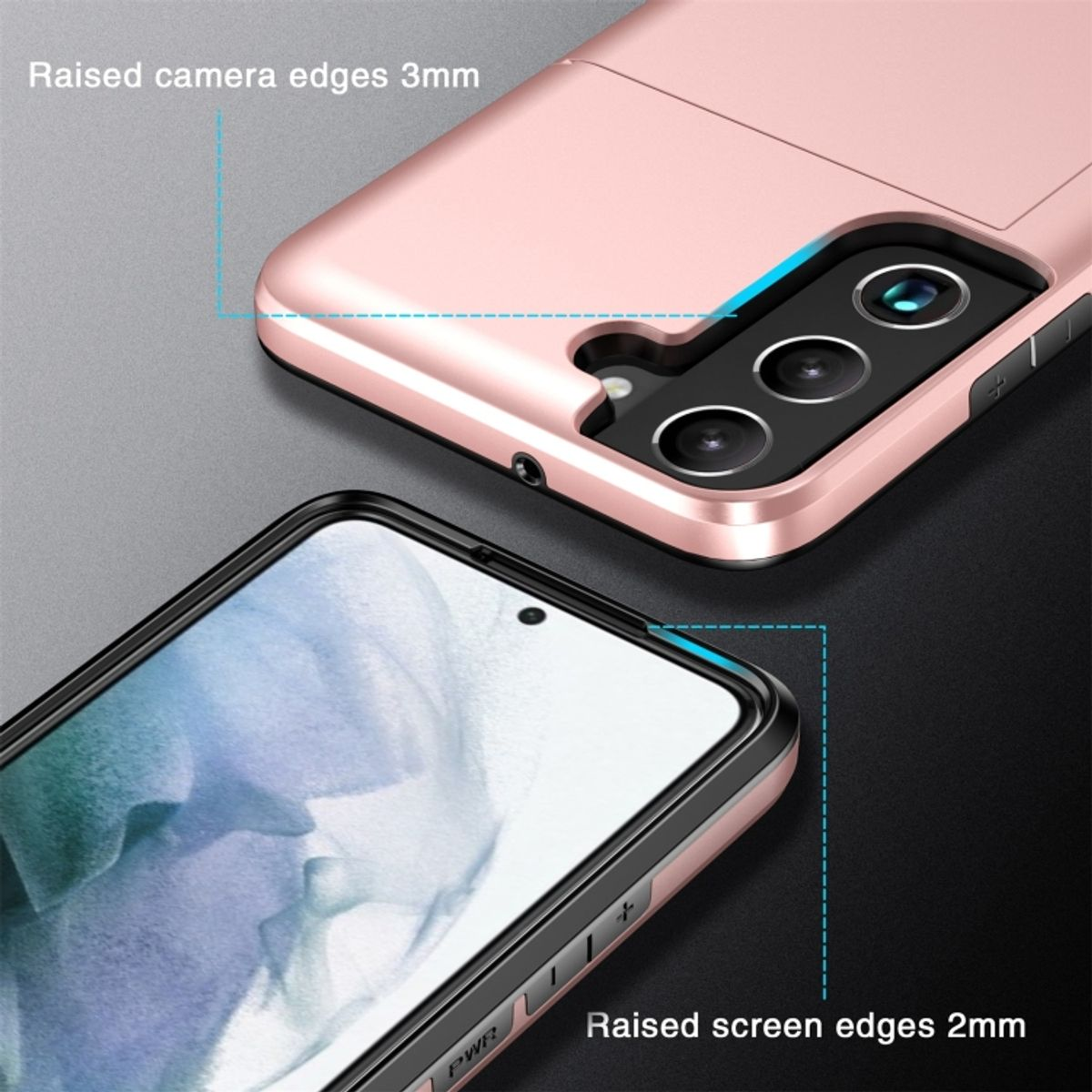Roségoldene Handyhülle, Telefon eingesetzt. Erhöhte Kanten für Kamera- und Bildschirmschutz.