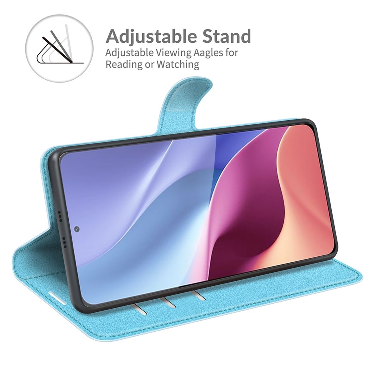 Blaue Handyhülle mit Telefon, geöffnet, um die Standfunktion zu zeigen.