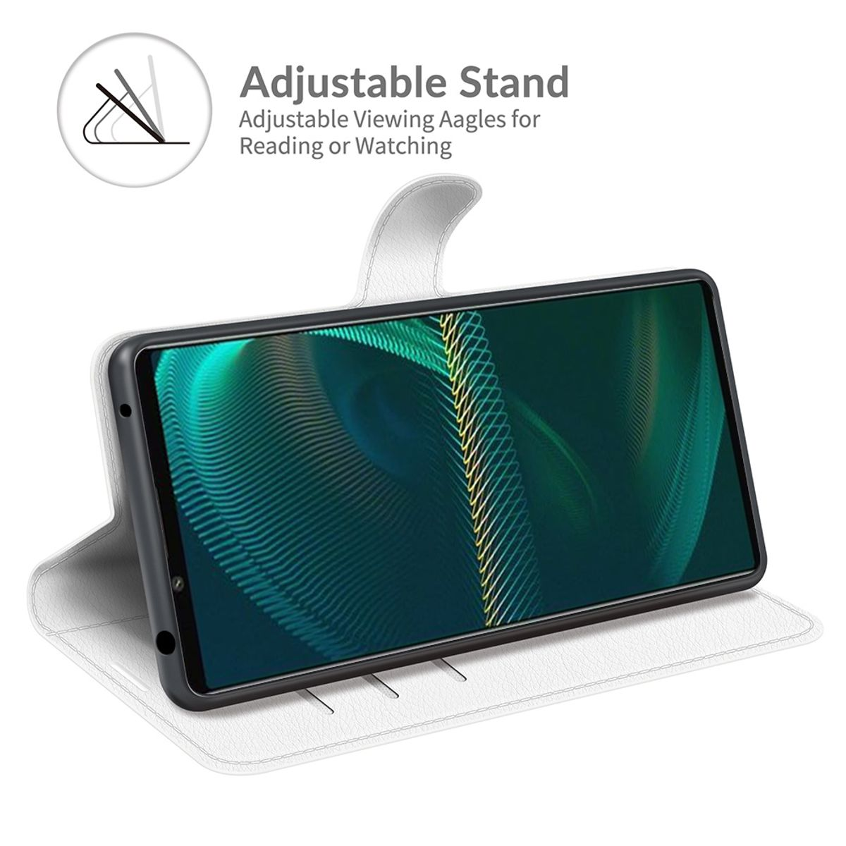 Weißes Handycase, offen, mit einem Telefon darin, auf weißer Oberfläche.