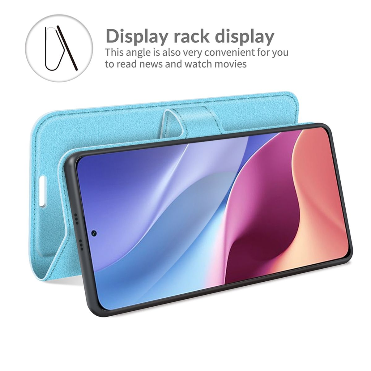 Blaue Handyhülle, offen. Das Telefon ist innen, Bildschirm sichtbar.
