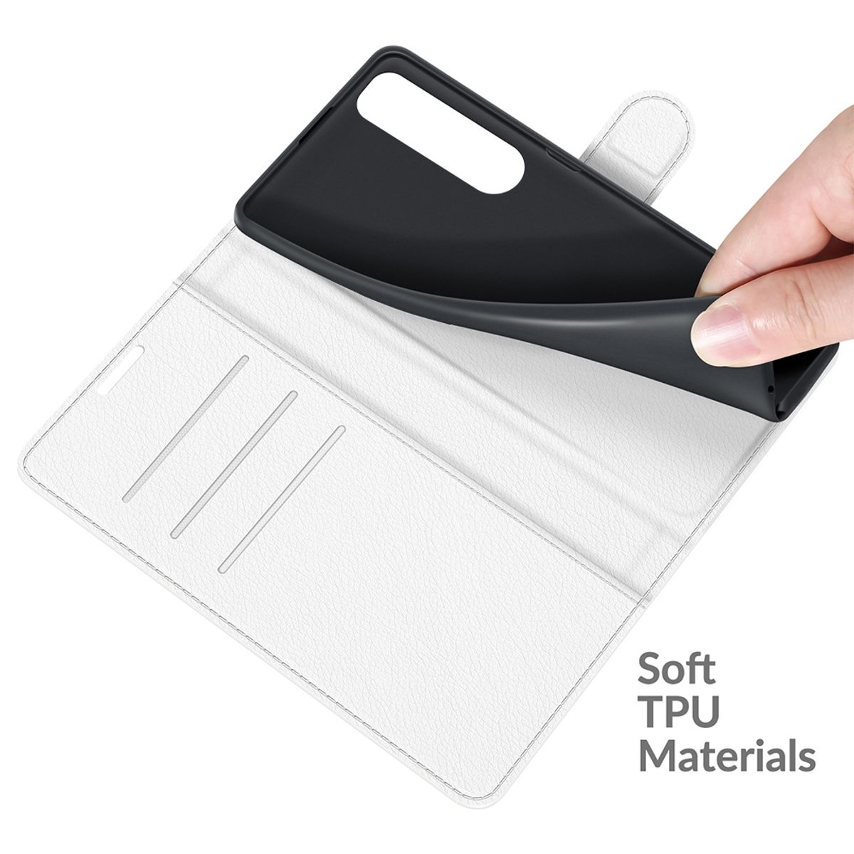 Weiße Handyhülle, offen, ein schwarzes Telefon wird eingesetzt. Weiches TPU-Material.
