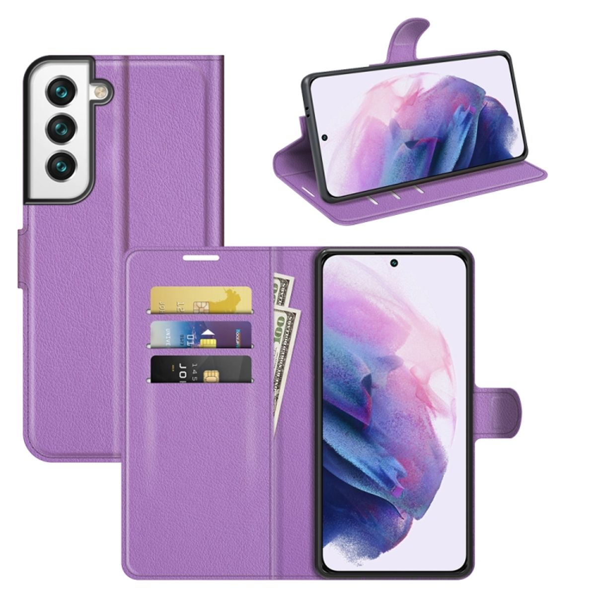 Lila Handyhülle mit Brieftaschenfunktion. Telefon in der Hülle, Karten und Bargeld sichtbar. Weißer Hintergrund.