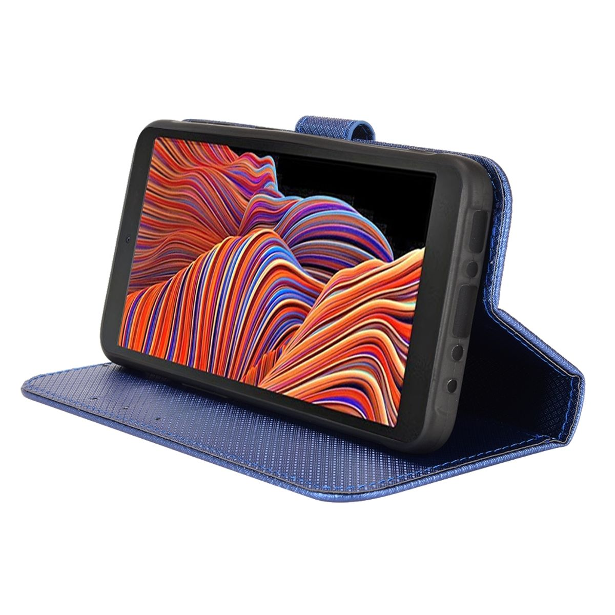 Eine blaue Handyhülle mit einem Handy darin, das ein farbenfrohes abstraktes Bild zeigt.