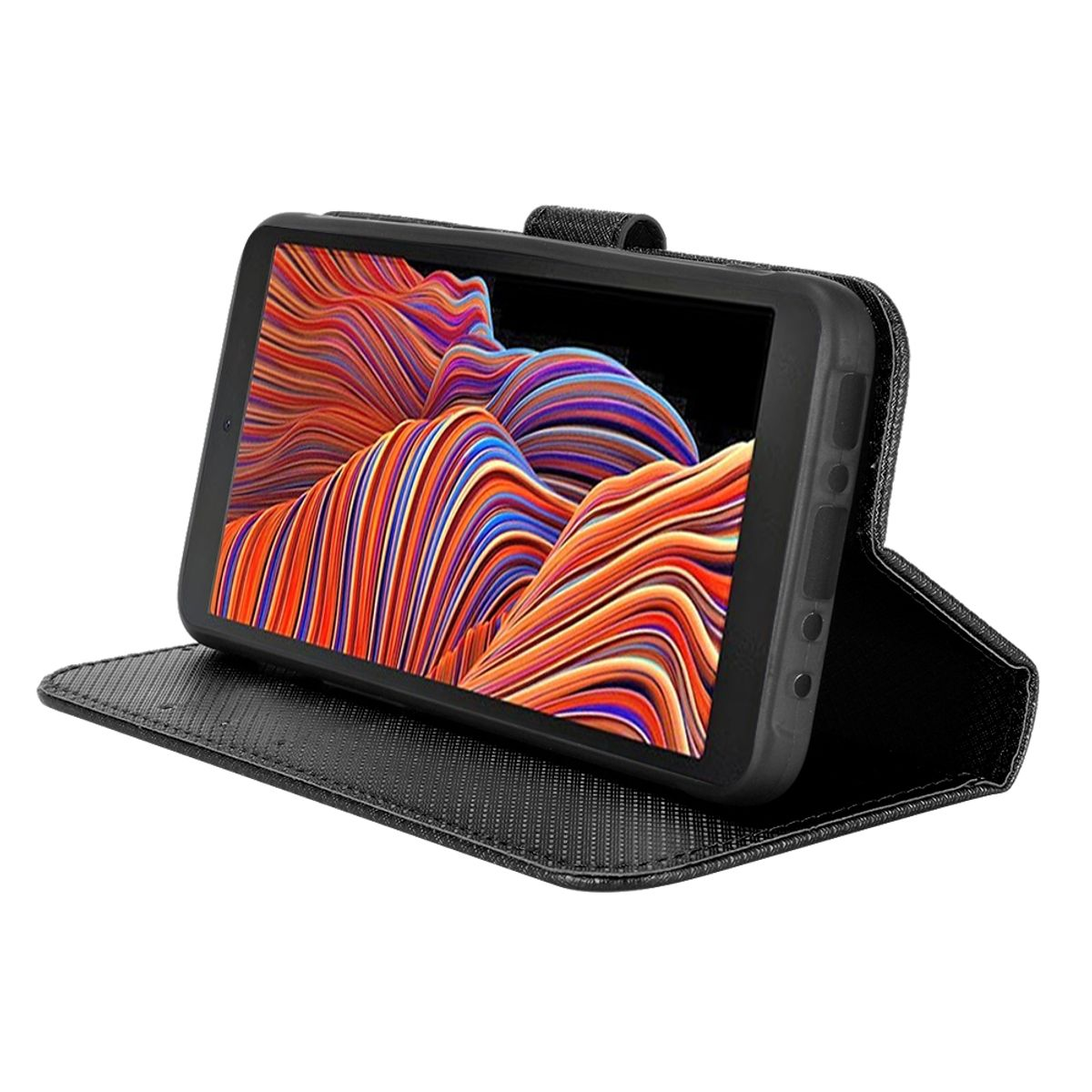 Schwarzes Telefon in einer offenen schwarzen Hülle. Der Bildschirm zeigt ein farbenfrohes, wellenförmiges Design.